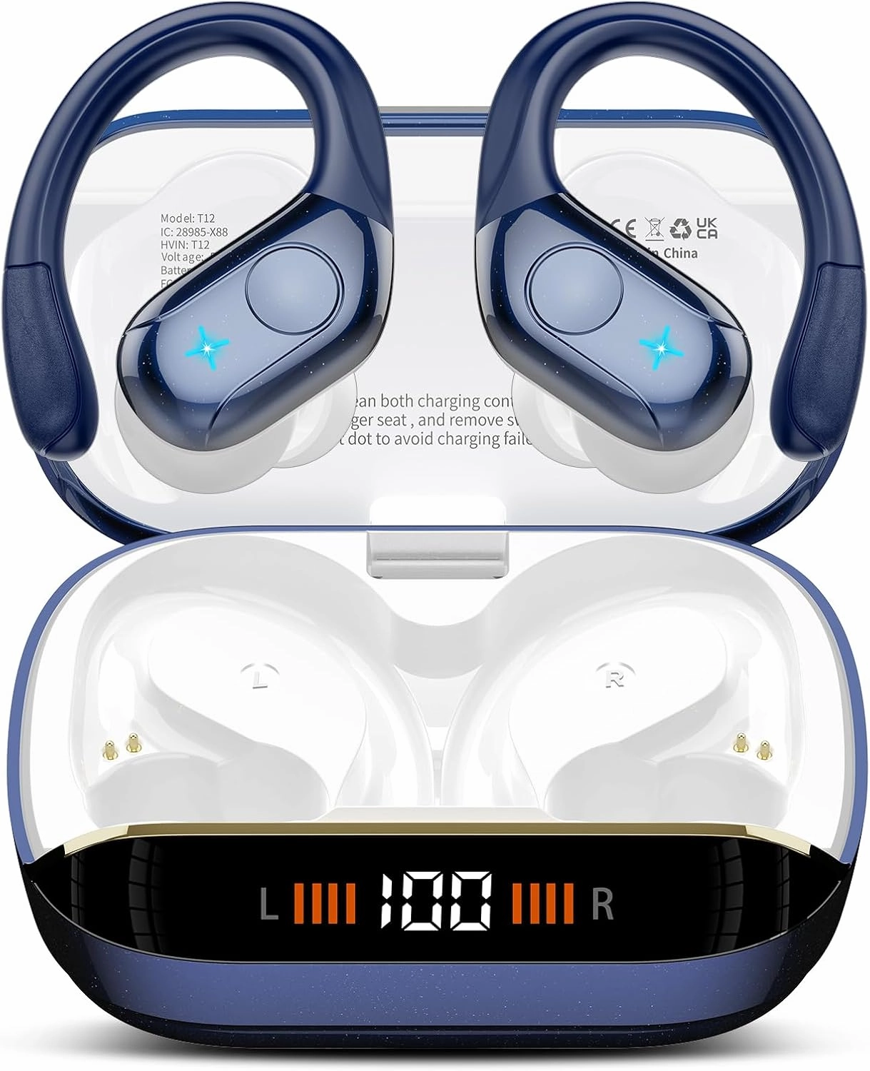 Wireless Earbuds Bluetooth 5.4 Headphones 75H Playtime Stereo Deep Bass Sports Ear Buds with Earhooks, LED Display Bluetooth Earbuds with 4 ENC Mic, IP7 Waterproof Earphone for Running, Dark Blue