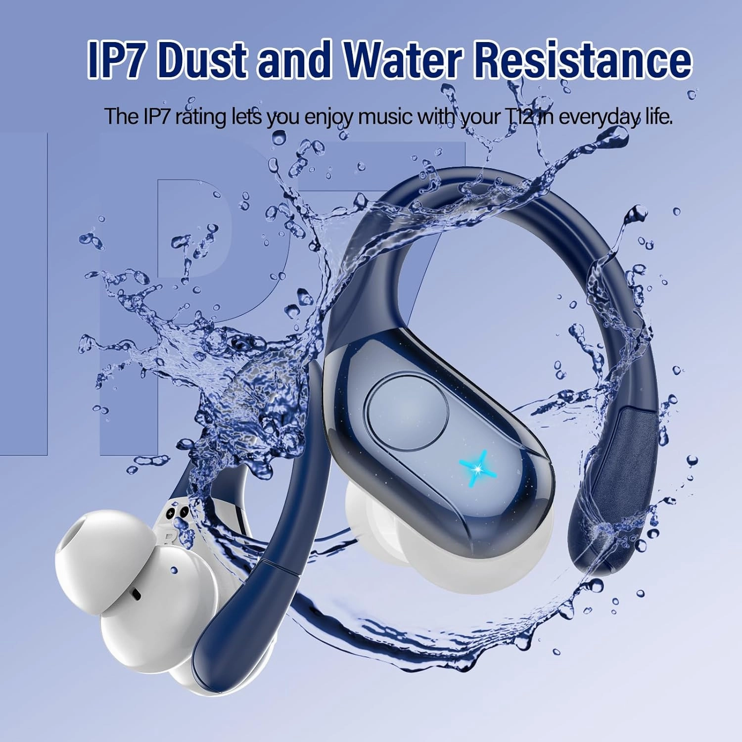 Wireless Earbuds Bluetooth 5.4 Headphones 75H Playtime Stereo Deep Bass Sports Ear Buds with Earhooks, LED Display Bluetooth Earbuds with 4 ENC Mic, IP7 Waterproof Earphone for Running, Dark Blue