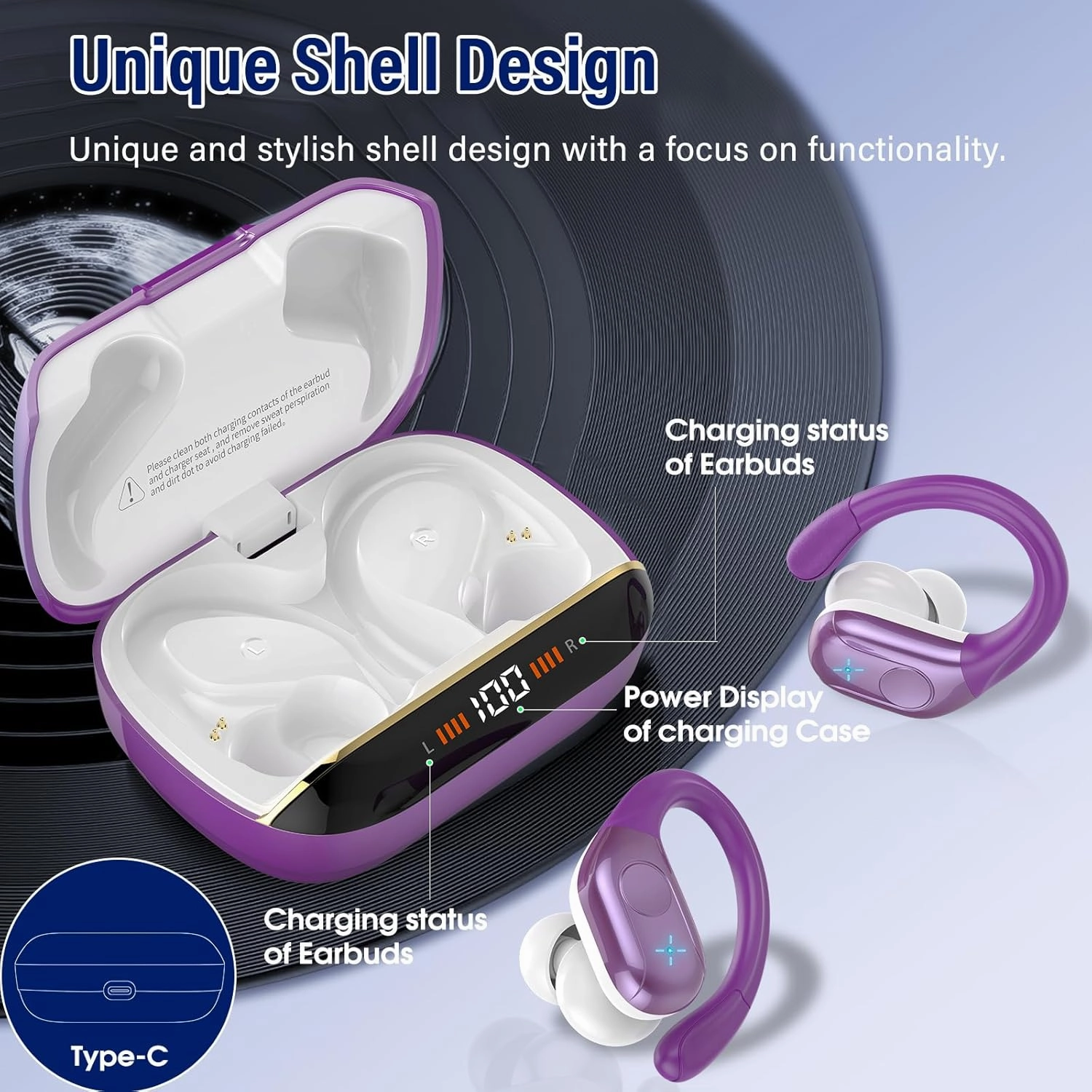 Wireless Earbuds Bluetooth 5.4 Headphones 75H Stereo Deep Bass Sports Over Ear Buds with Earhooks, LED Display Bluetooth Earbuds with 4 ENC Mic, IP7 Waterproof Earphone for Running,Dark Purple