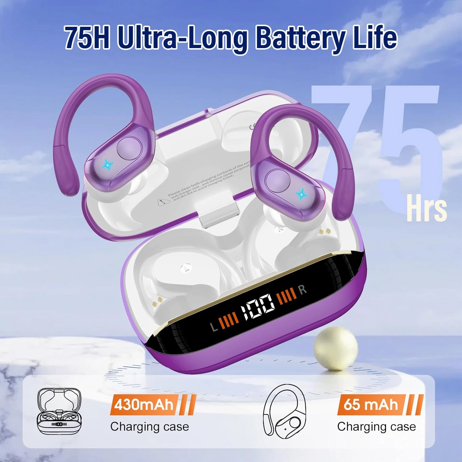 Wireless Earbuds Bluetooth 5.4 Headphones 75H Stereo Deep Bass Sports Over Ear Buds with Earhooks, LED Display Bluetooth Earbuds with 4 ENC Mic, IP7 Waterproof Earphone for Running,Dark Purple