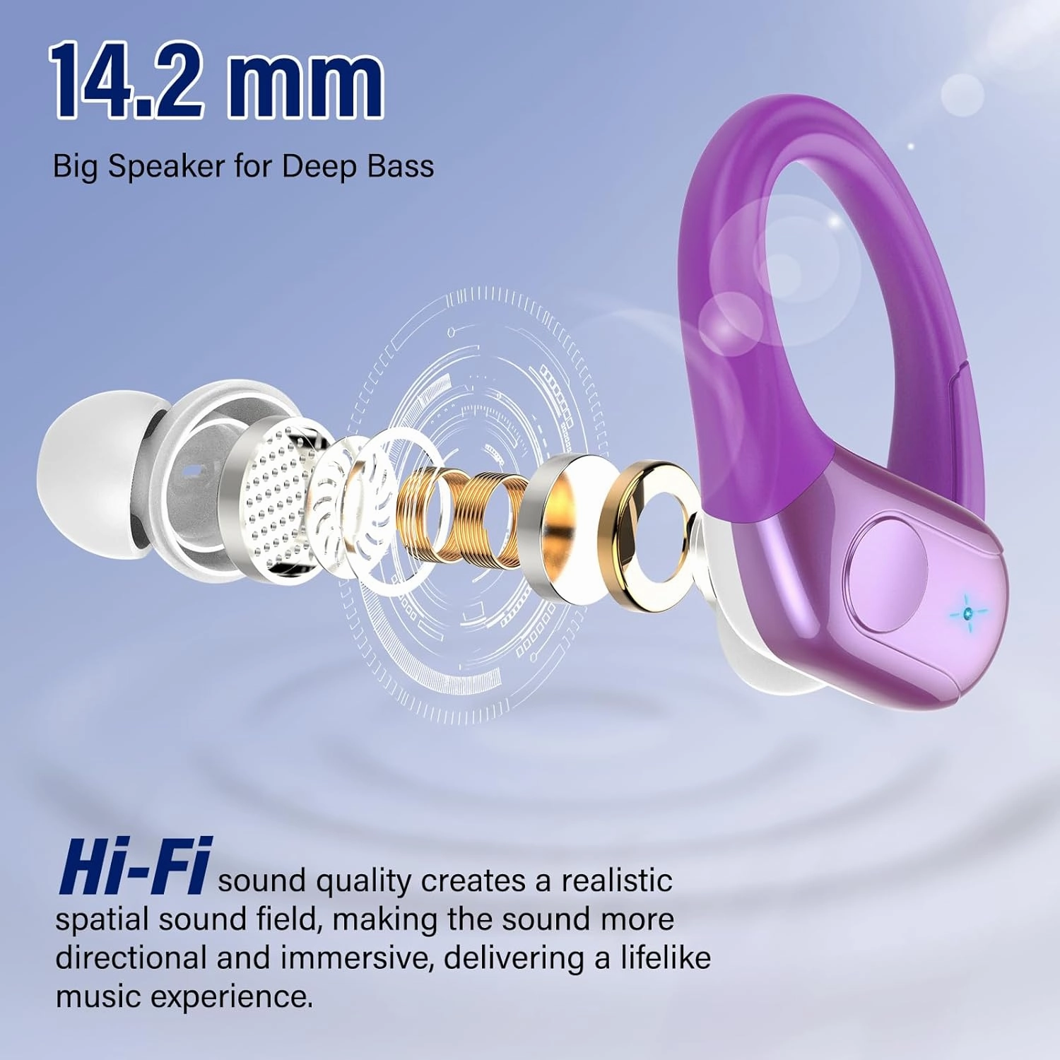Wireless Earbuds Bluetooth 5.4 Headphones 75H Stereo Deep Bass Sports Over Ear Buds with Earhooks, LED Display Bluetooth Earbuds with 4 ENC Mic, IP7 Waterproof Earphone for Running,Dark Purple