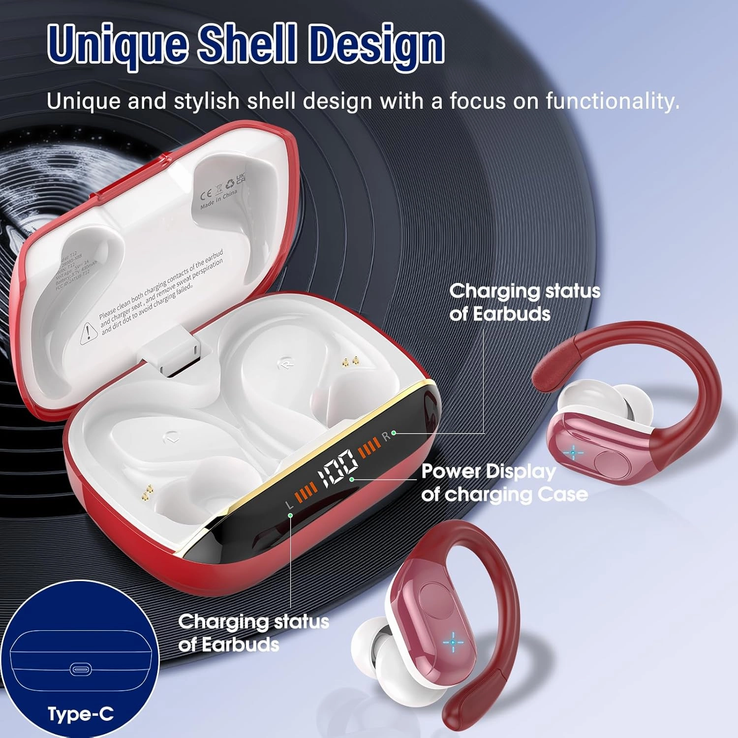 Wireless Earbuds Bluetooth 5.4 Headphones Sports, 75H Stereo Deep Bass Over Ear Buds with Earhooks, Bluetooth Earbuds with 4 ENC Mic, LED Display, IP7 Waterproof Earphone for Running, Red