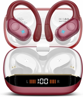 Wireless Earbuds Bluetooth 5.4 Headphones Sports, 75H Stereo Deep Bass Over Ear Buds with Earhooks, Bluetooth Earbuds with 4 ENC Mic, LED Display, IP7 Waterproof Earphone for Running, Red