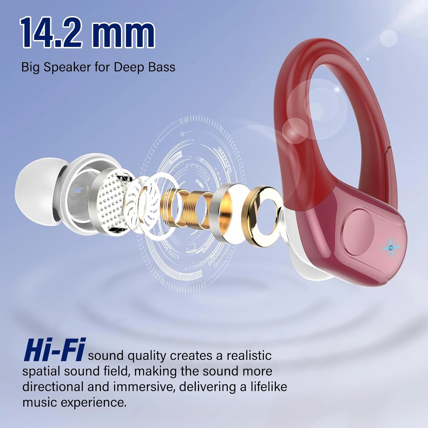 Wireless Earbuds Bluetooth 5.4 Headphones Sports, 75H Stereo Deep Bass Over Ear Buds with Earhooks, Bluetooth Earbuds with 4 ENC Mic, LED Display, IP7 Waterproof Earphone for Running, Red