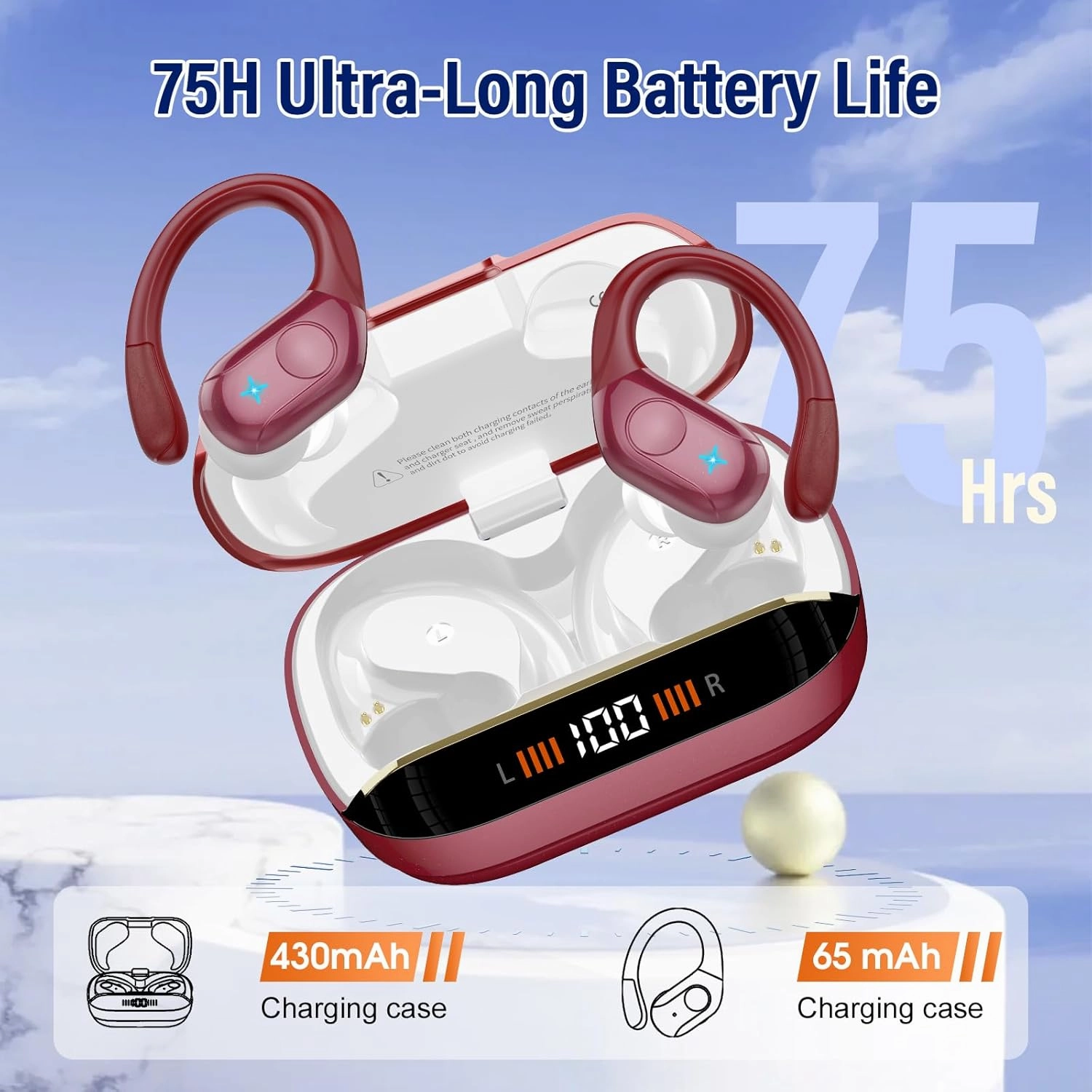 Wireless Earbuds Bluetooth 5.4 Headphones Sports, 75H Stereo Deep Bass Over Ear Buds with Earhooks, Bluetooth Earbuds with 4 ENC Mic, LED Display, IP7 Waterproof Earphone for Running, Red