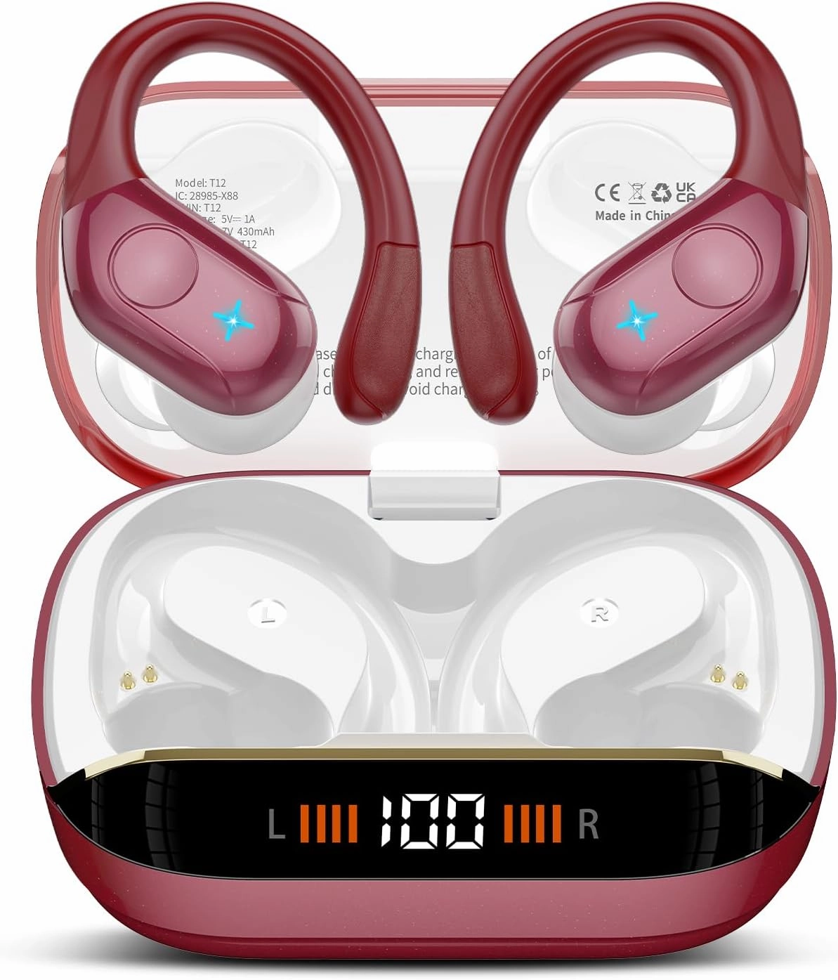 Wireless Earbuds Bluetooth 5.4 Headphones Sports, 75H Stereo Deep Bass Over Ear Buds with Earhooks, Bluetooth Earbuds with 4 ENC Mic, LED Display, IP7 Waterproof Earphone for Running, Red
