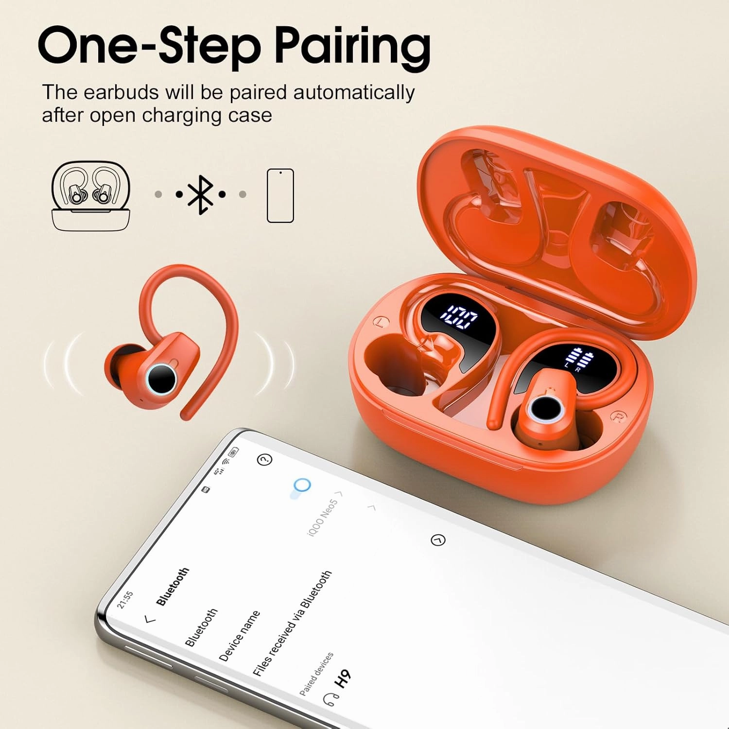 Wireless Earbuds, Sport Headphones Bluetooth 5.3, Ear buds Wireless Earbuds Bluetooth, 50H Playtime HD Stereo Noise Cancelling Earbud, Dual LED Display, IP7 Waterproof Running Earphones, Pure Orange