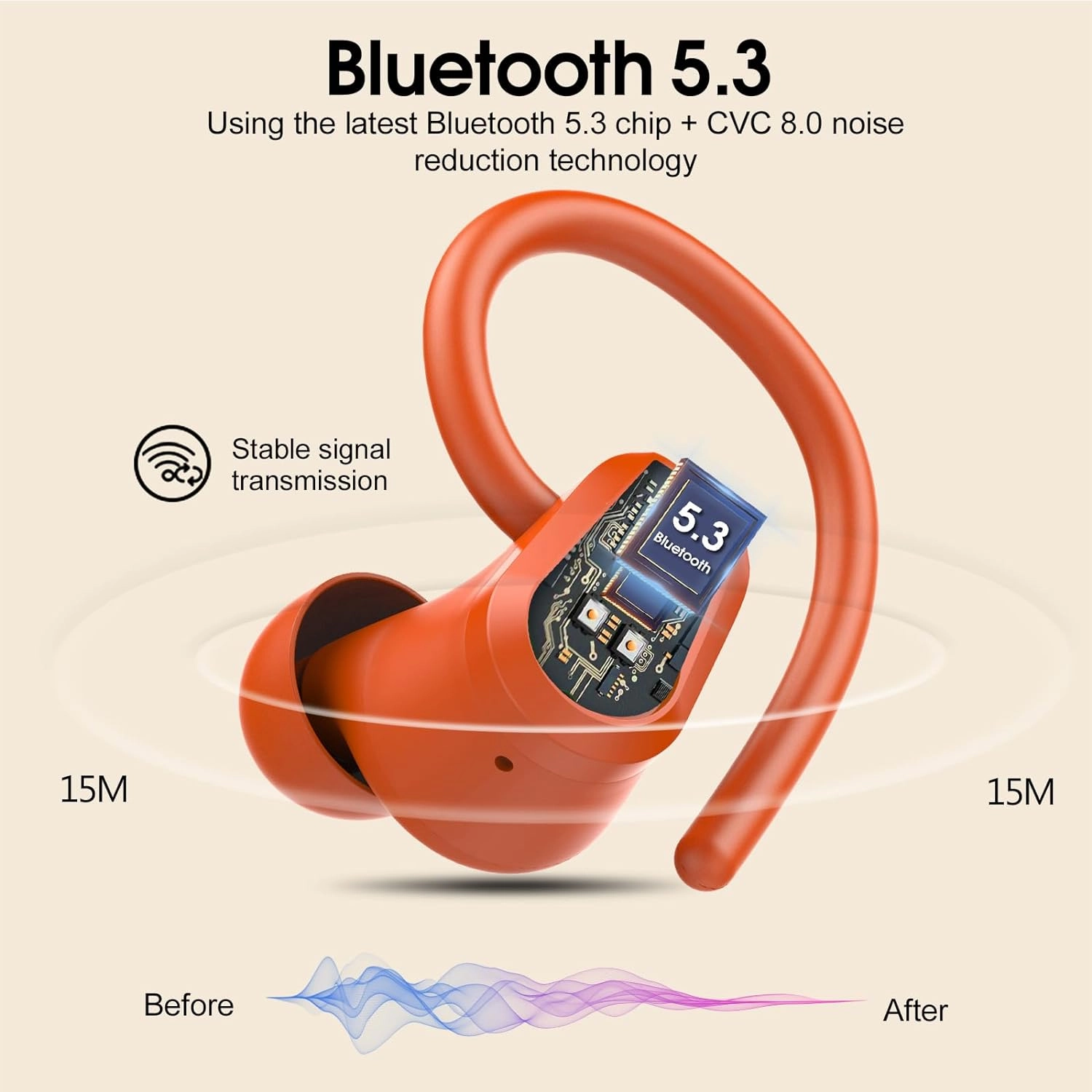 Wireless Earbuds, Sport Headphones Bluetooth 5.3, Ear buds Wireless Earbuds Bluetooth, 50H Playtime HD Stereo Noise Cancelling Earbud, Dual LED Display, IP7 Waterproof Running Earphones, Pure Orange