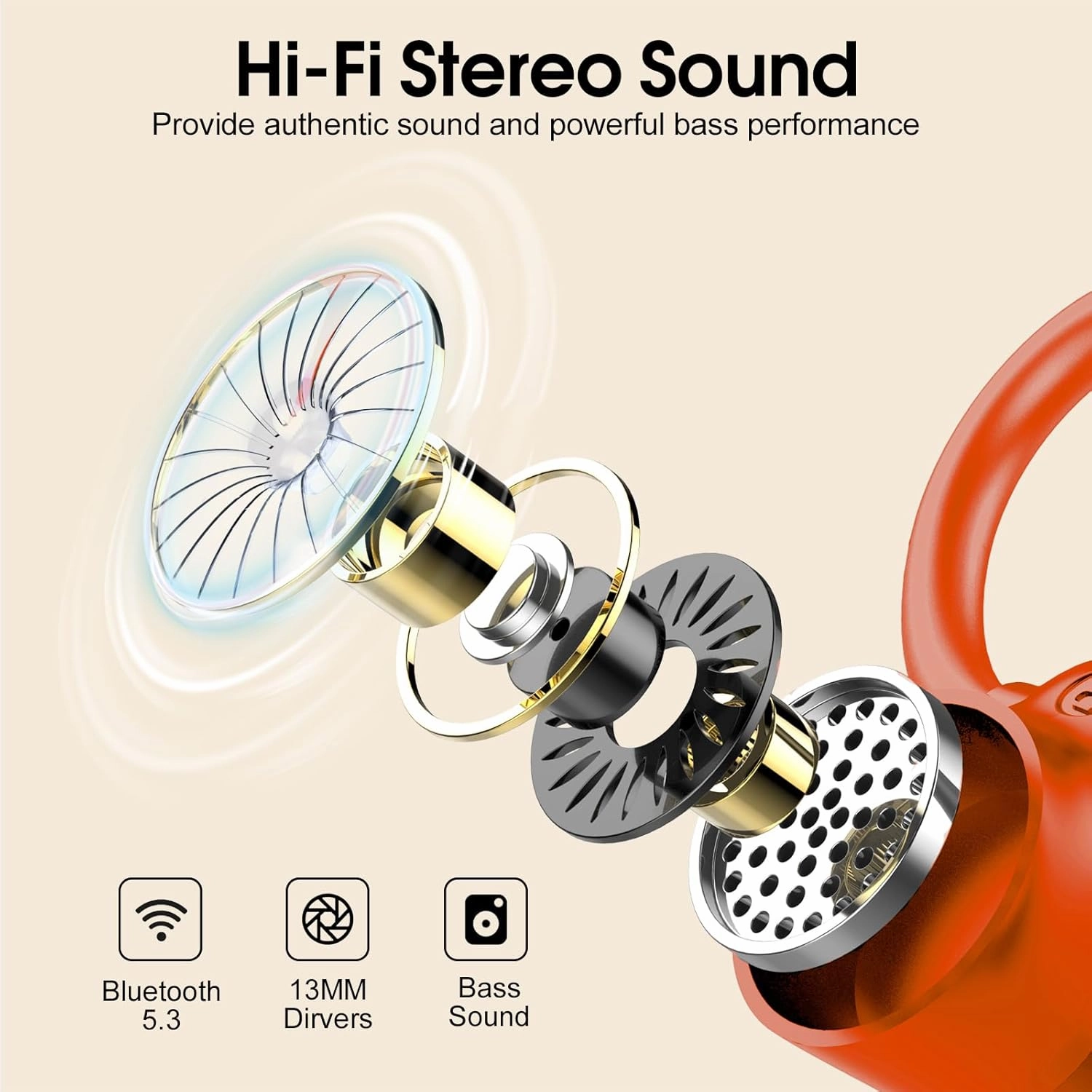Wireless Earbuds, Sport Headphones Bluetooth 5.3, Ear buds Wireless Earbuds Bluetooth, 50H Playtime HD Stereo Noise Cancelling Earbud, Dual LED Display, IP7 Waterproof Running Earphones, Pure Orange