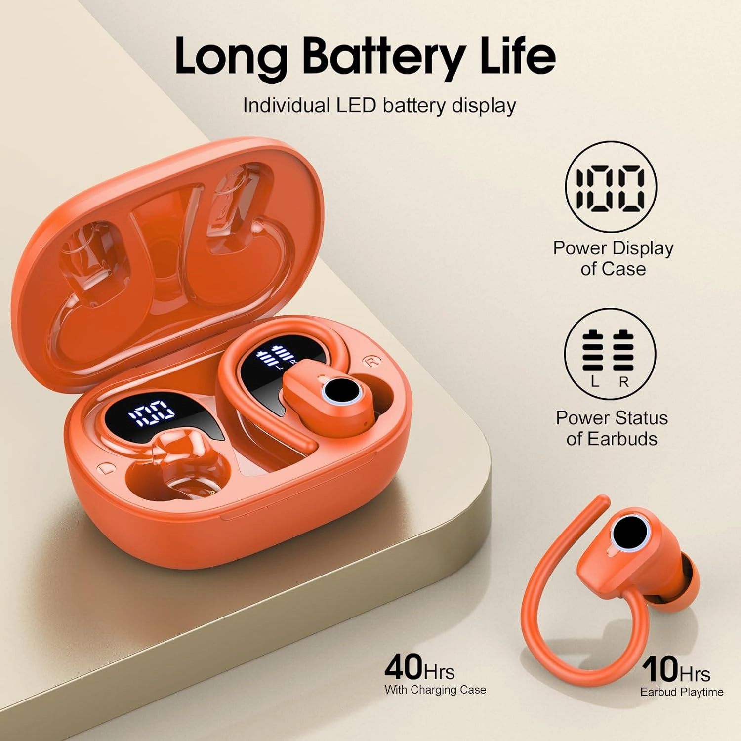 Wireless Earbuds, Sport Headphones Bluetooth 5.3, Ear buds Wireless Earbuds Bluetooth, 50H Playtime HD Stereo Noise Cancelling Earbud, Dual LED Display, IP7 Waterproof Running Earphones, Pure Orange