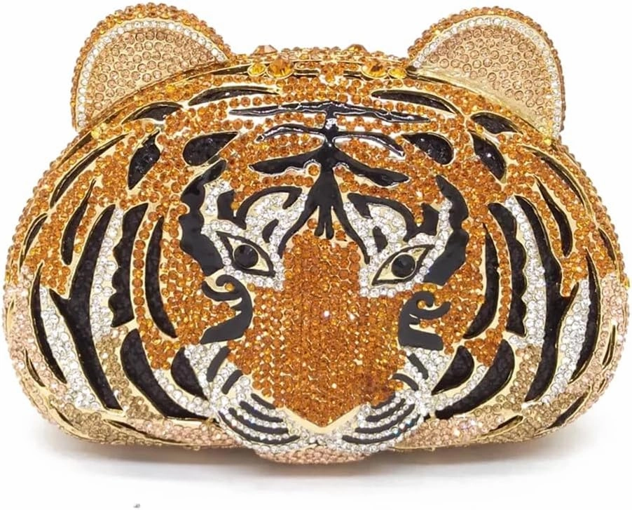 Women Cute Tiger Shaped Evening Clutch Sparkling Rhinestones Handbag Prom Party Purse