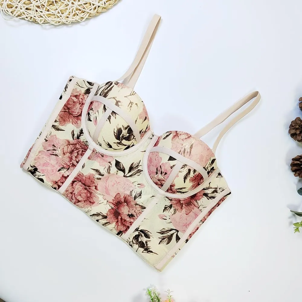 Women's Floral Print Sleeveless Spaghetti Strap Bustier Corset Crop Top Padded Push Up Going Out Tops
