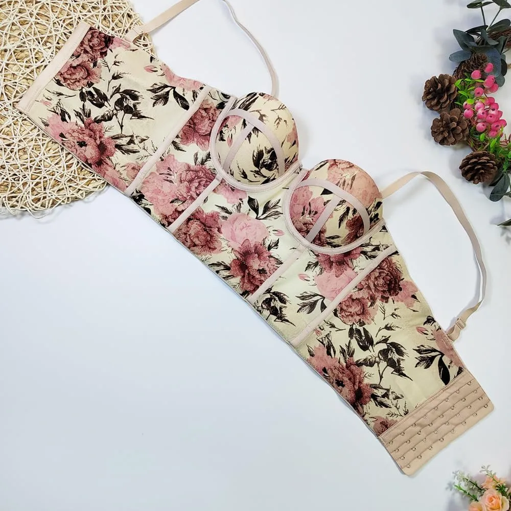 Women's Floral Print Sleeveless Spaghetti Strap Bustier Corset Crop Top Padded Push Up Going Out Tops