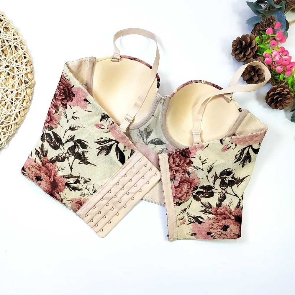 Women's Floral Print Sleeveless Spaghetti Strap Bustier Corset Crop Top Padded Push Up Going Out Tops