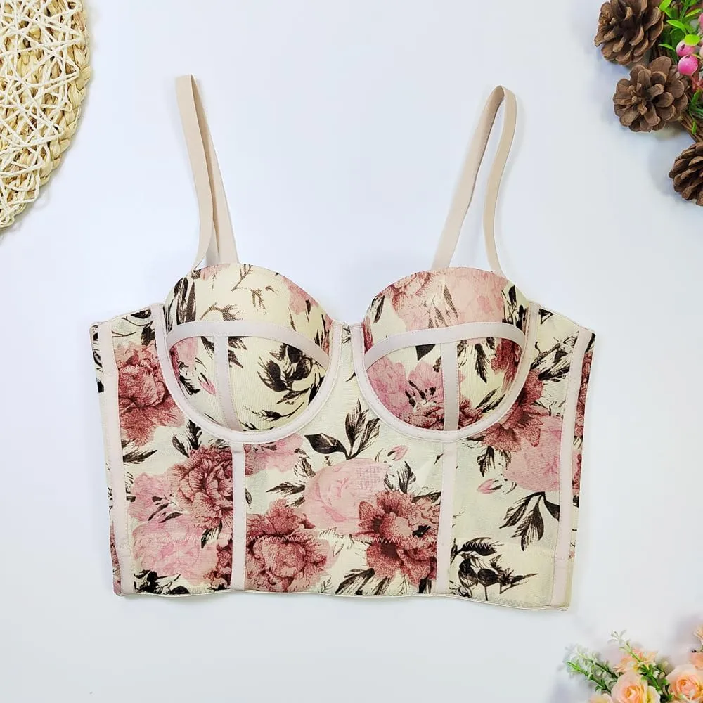 Women's Floral Print Sleeveless Spaghetti Strap Bustier Corset Crop Top Padded Push Up Going Out Tops