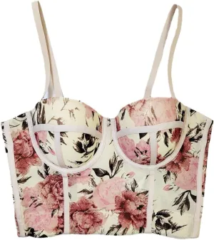 Women's Floral Print Sleeveless Spaghetti Strap Bustier Corset Crop Top Padded Push Up Going Out Tops