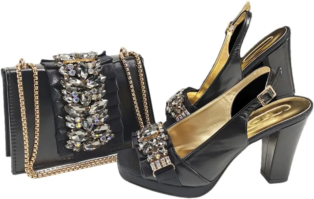 Women’S Gold Rhinestone High Heels and Matching Bag Set with Square Heel for Elegant Parties