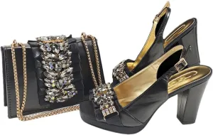 Women’S Gold Rhinestone High Heels and Matching Bag Set with Square Heel for Elegant Parties