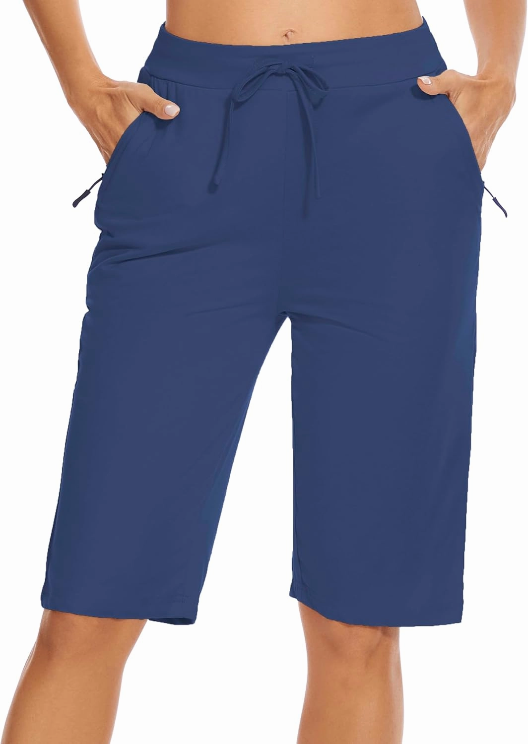 Womens Bermuda Shorts 12" Knee Length Drawstring with 2 Deep Zippered Pockets Comfy Lounge Breathable Shorts