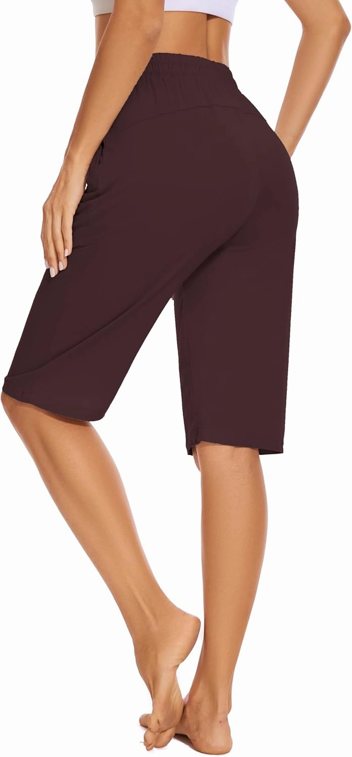 Womens Bermuda Shorts 12" Knee Length Drawstring with 2 Deep Zippered Pockets Comfy Lounge Breathable Shorts