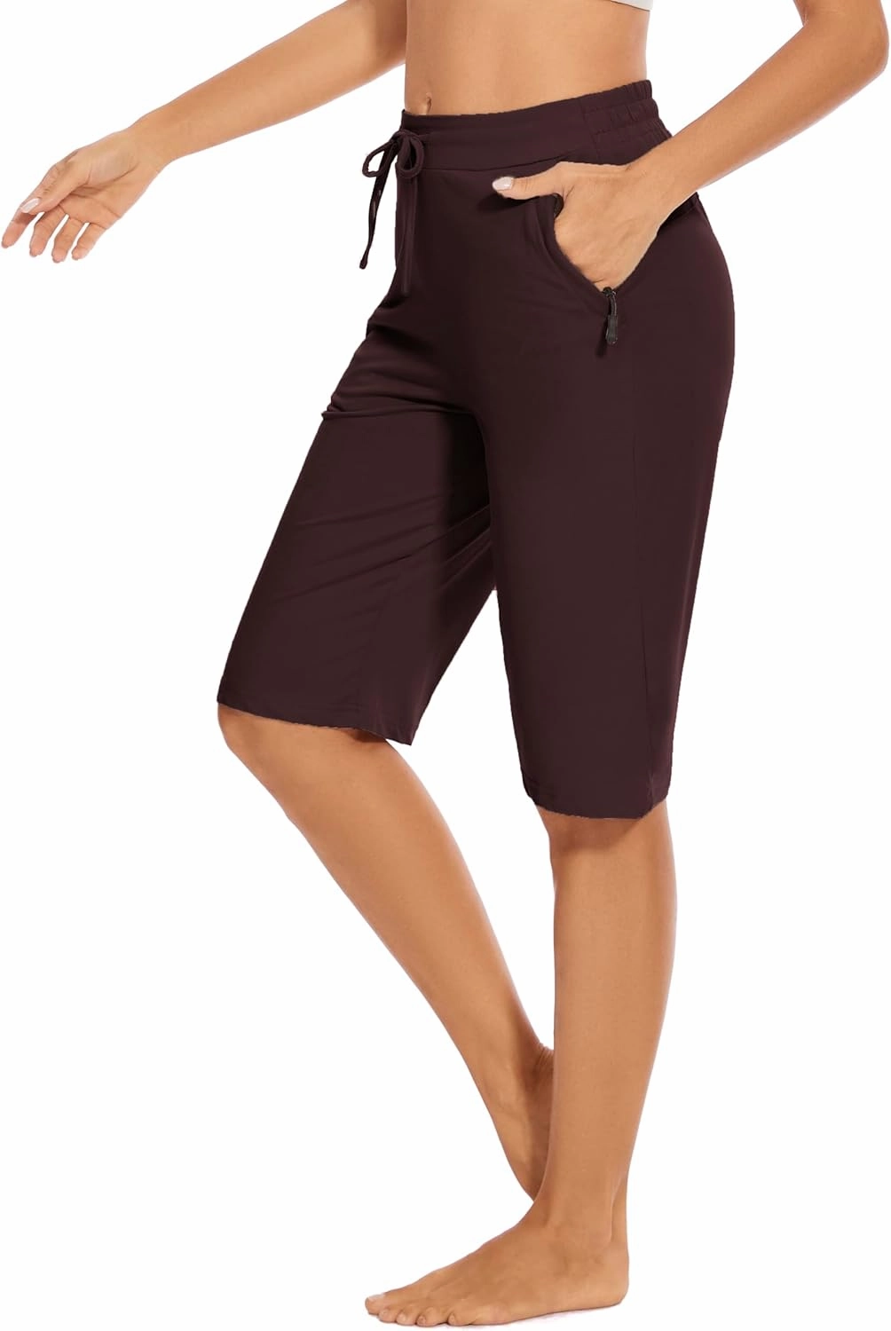Womens Bermuda Shorts 12" Knee Length Drawstring with 2 Deep Zippered Pockets Comfy Lounge Breathable Shorts