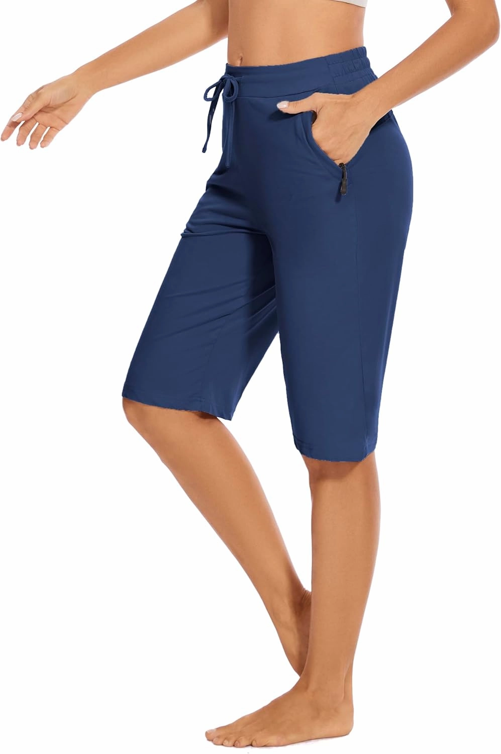 Womens Bermuda Shorts 12" Knee Length Drawstring with 2 Deep Zippered Pockets Comfy Lounge Breathable Shorts