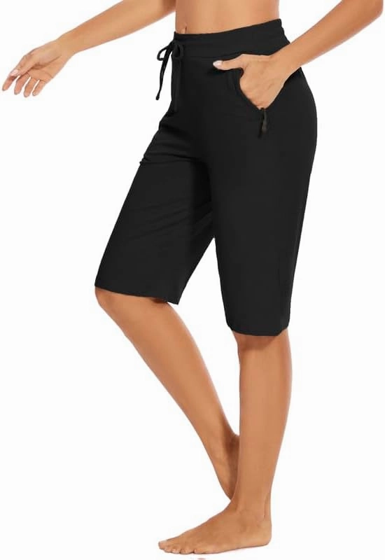 Womens Bermuda Shorts 12" Knee Length Drawstring with 2 Deep Zippered Pockets Comfy Lounge Breathable Shorts