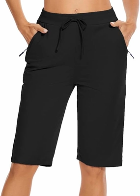 Womens Bermuda Shorts 12" Knee Length Drawstring with 2 Deep Zippered Pockets Comfy Lounge Breathable Shorts