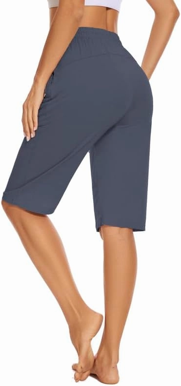 Womens Bermuda Shorts 12" Knee Length Drawstring with 2 Deep Zippered Pockets Comfy Lounge Breathable Shorts