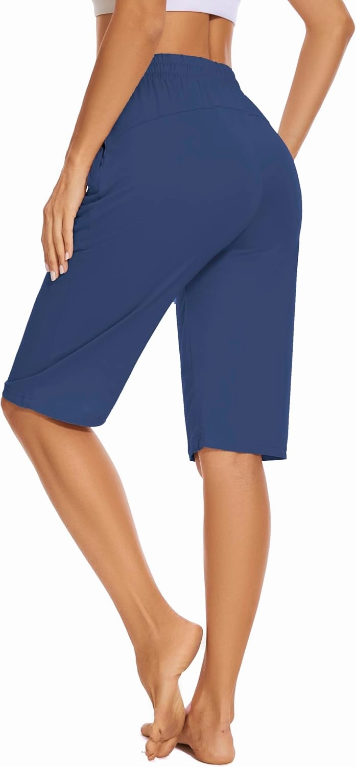 Womens Bermuda Shorts 12" Knee Length Drawstring with 2 Deep Zippered Pockets Comfy Lounge Breathable Shorts