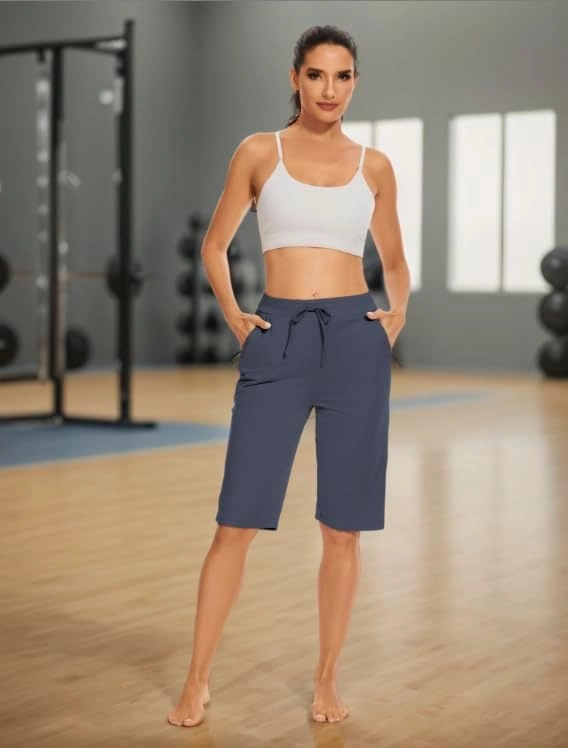 Womens Bermuda Shorts 12" Knee Length Drawstring with 2 Deep Zippered Pockets Comfy Lounge Breathable Shorts