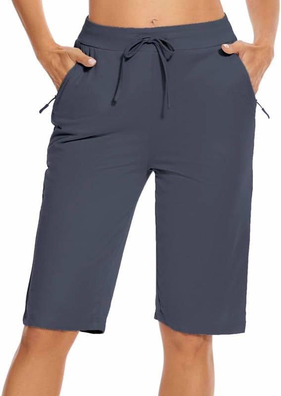 Womens Bermuda Shorts 12" Knee Length Drawstring with 2 Deep Zippered Pockets Comfy Lounge Breathable Shorts