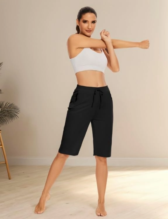 Womens Bermuda Shorts 12" Knee Length Drawstring with 2 Deep Zippered Pockets Comfy Lounge Breathable Shorts