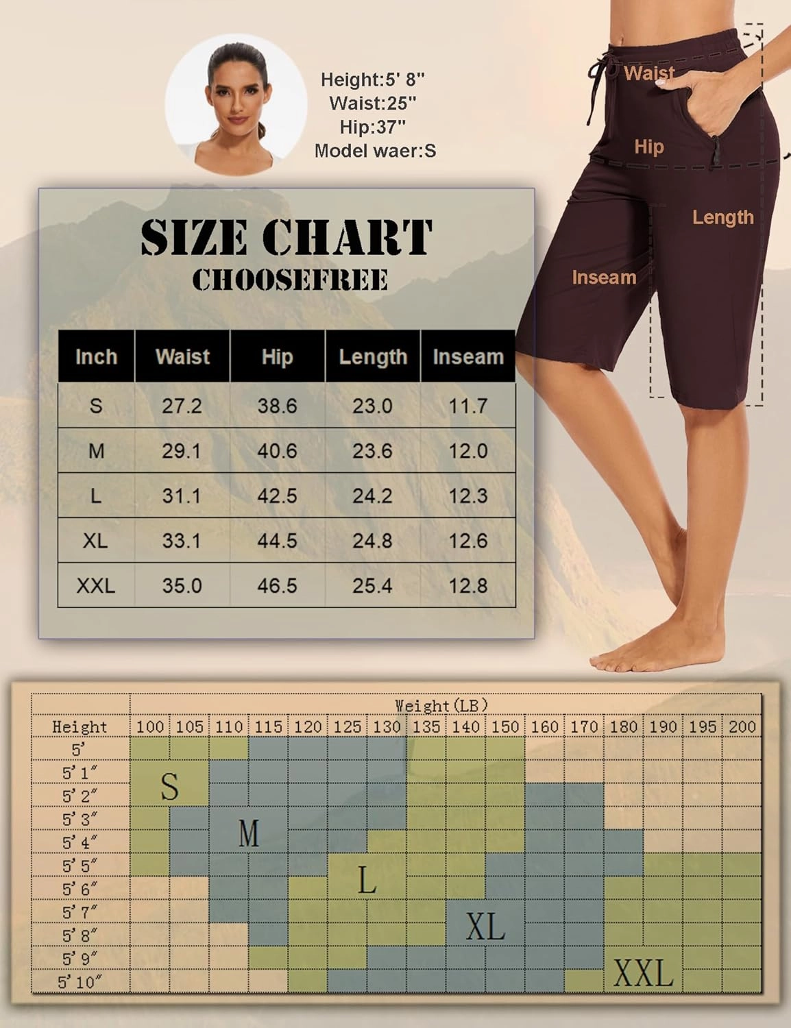 Womens Bermuda Shorts 12" Knee Length Drawstring with 2 Deep Zippered Pockets Comfy Lounge Breathable Shorts