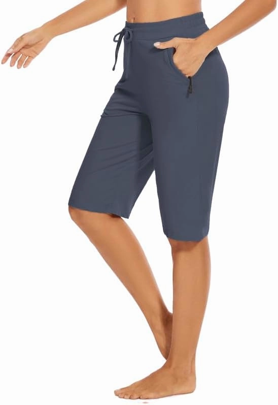Womens Bermuda Shorts 12" Knee Length Drawstring with 2 Deep Zippered Pockets Comfy Lounge Breathable Shorts