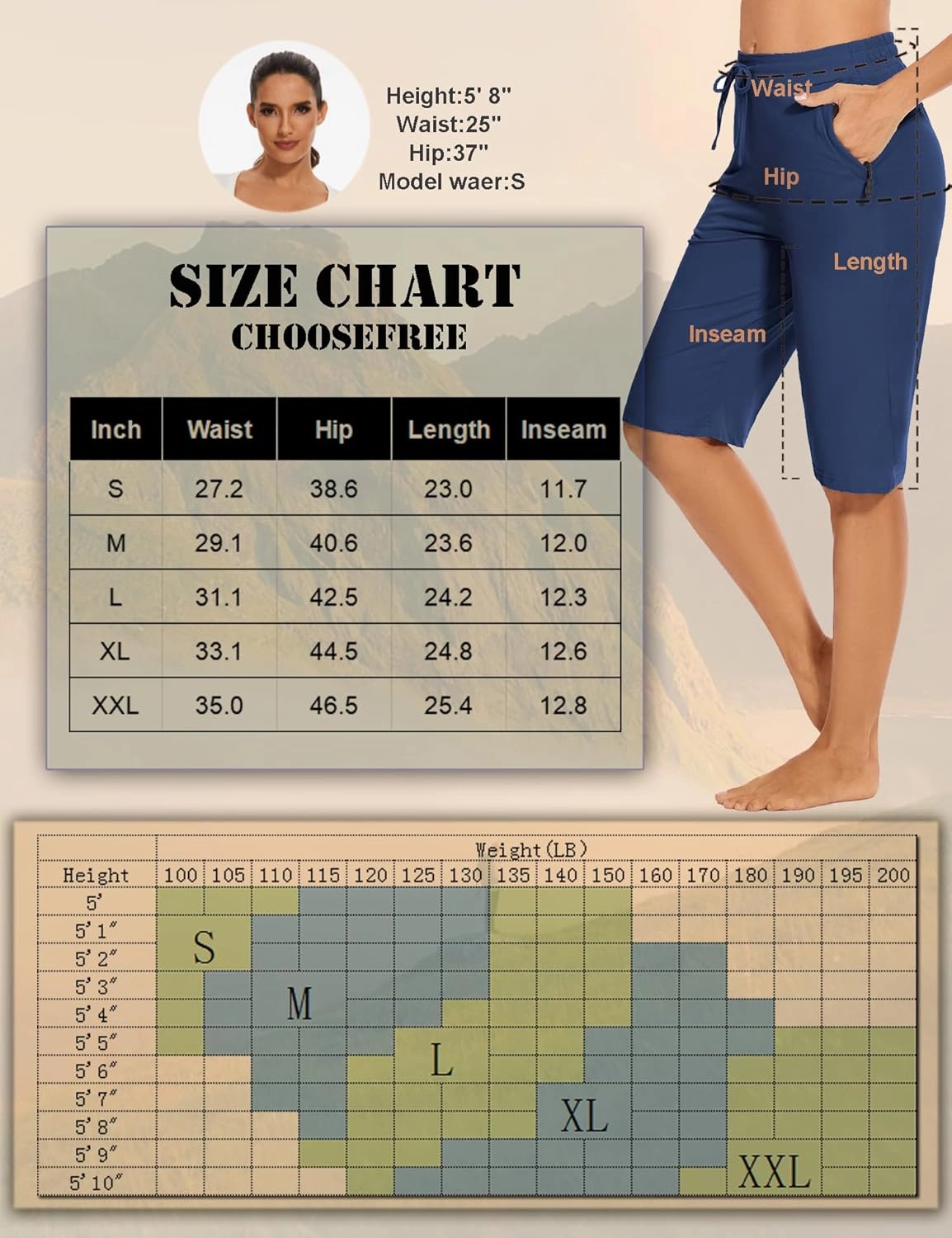 Womens Bermuda Shorts 12" Knee Length Drawstring with 2 Deep Zippered Pockets Comfy Lounge Breathable Shorts