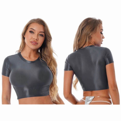 Womens Shiny Crop Tank Tops with Short Fit Fitness Swim Yoga Stretchy Sportswear