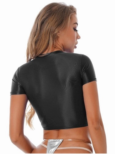 Womens Shiny Crop Tank Tops with Short Fit Fitness Swim Yoga Stretchy Sportswear