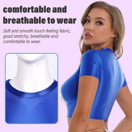 Womens Shiny Crop Tank Tops with Short Fit Fitness Swim Yoga Stretchy Sportswear