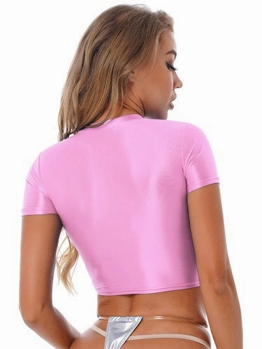 Womens Shiny Crop Tank Tops with Short Fit Fitness Swim Yoga Stretchy Sportswear