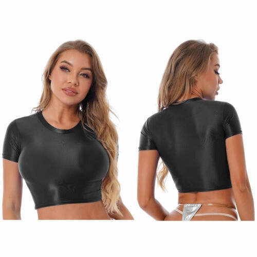 Womens Shiny Crop Tank Tops with Short Fit Fitness Swim Yoga Stretchy Sportswear