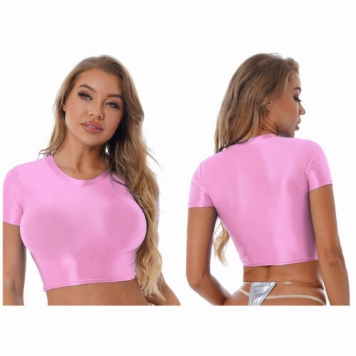 Womens Shiny Crop Tank Tops with Short Fit Fitness Swim Yoga Stretchy Sportswear