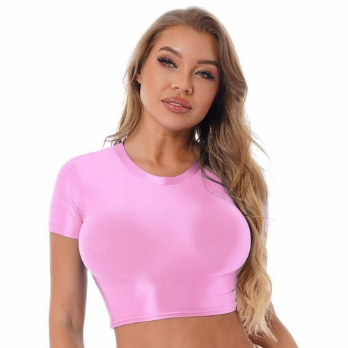 Womens Shiny Crop Tank Tops with Short Fit Fitness Swim Yoga Stretchy Sportswear