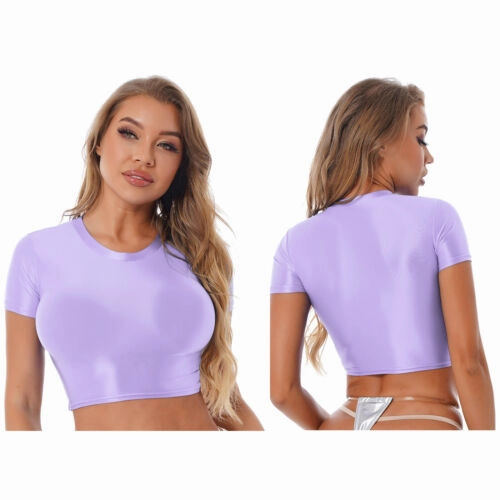Womens Shiny Crop Tank Tops with Short Fit Fitness Swim Yoga Stretchy Sportswear