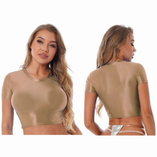 Womens Shiny Crop Tank Tops with Short Fit Fitness Swim Yoga Stretchy Sportswear