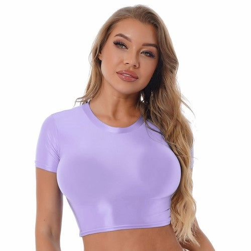 Womens Shiny Crop Tank Tops with Short Fit Fitness Swim Yoga Stretchy Sportswear