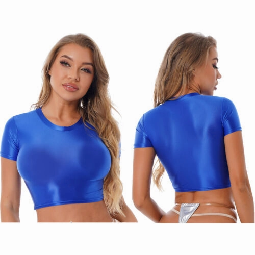 Womens Shiny Crop Tank Tops with Short Fit Fitness Swim Yoga Stretchy Sportswear