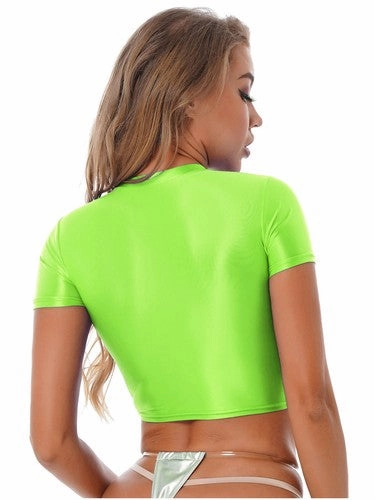 Womens Shiny Crop Tank Tops with Short Fit Fitness Swim Yoga Stretchy Sportswear