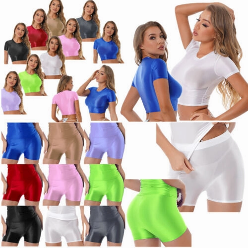 Womens Shiny Crop Tank Tops with Short Fit Fitness Swim Yoga Stretchy Sportswear