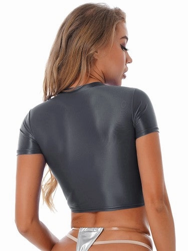 Womens Shiny Crop Tank Tops with Short Fit Fitness Swim Yoga Stretchy Sportswear